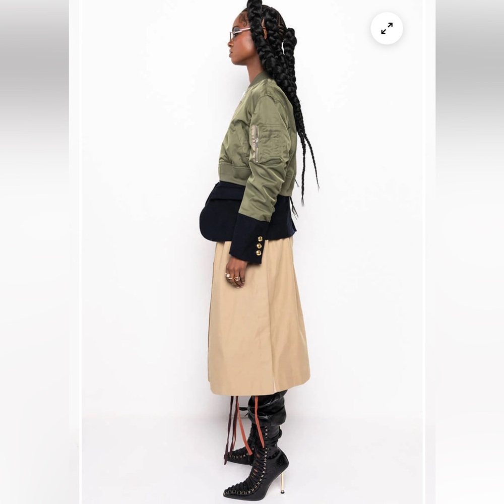 AKIRA Green and Black Bomber Jacket with Tan trench style coat at the bottom - Picture 3 of 5